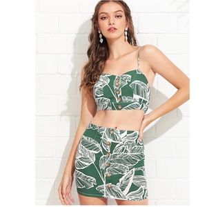 Tropical Print Button Detail Cami Crop Top & Skirt